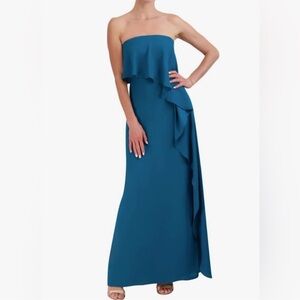 BCBGMAXAZRIA Strapless Cascading Ruffle Gown Dress Aqua Blue Maxi Sz 16